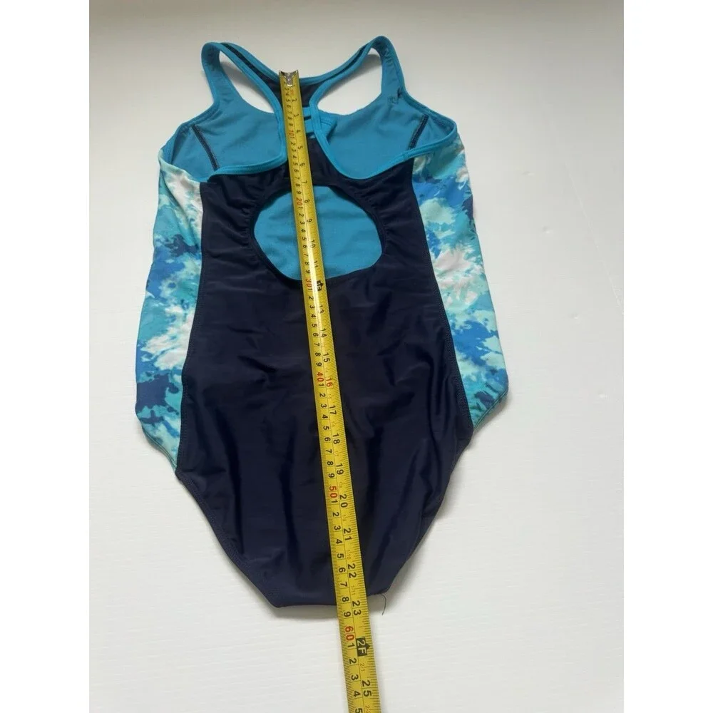 Gerry Girls Size 16 One Piece Swimsuit Navy Blue Turquoise Zip Front